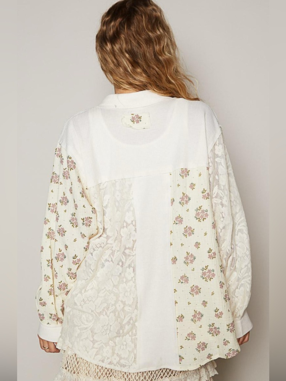POL Romantic Floral Blouse Mixed Media Button Down Whimsical Spring Layering - Picture 11 of 11